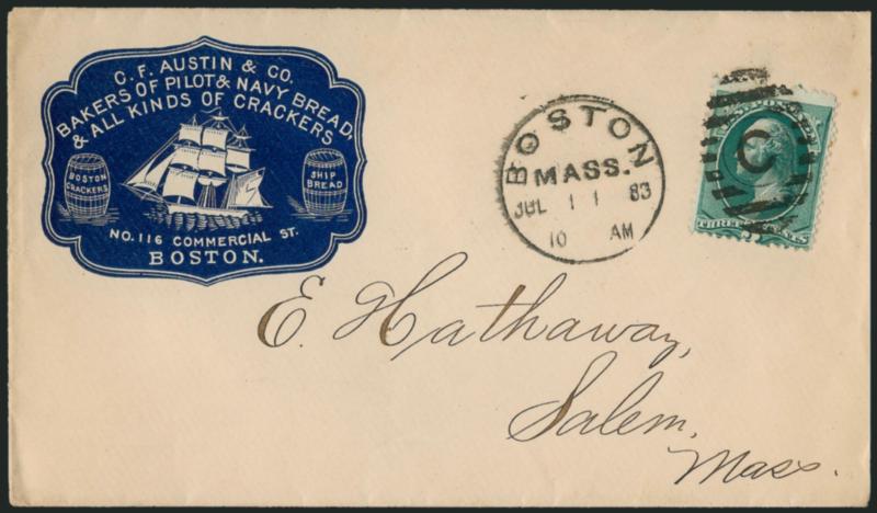 3c Blue Green (207).> Tied by Boston Mass. Jul. 11 83 10 AM duplex on cover with <Navy Bread and Crackers blue cameo corner card> to Salem Mass., receiving backstamp, stamp centered to bottom, barely reduced at
right, Fine