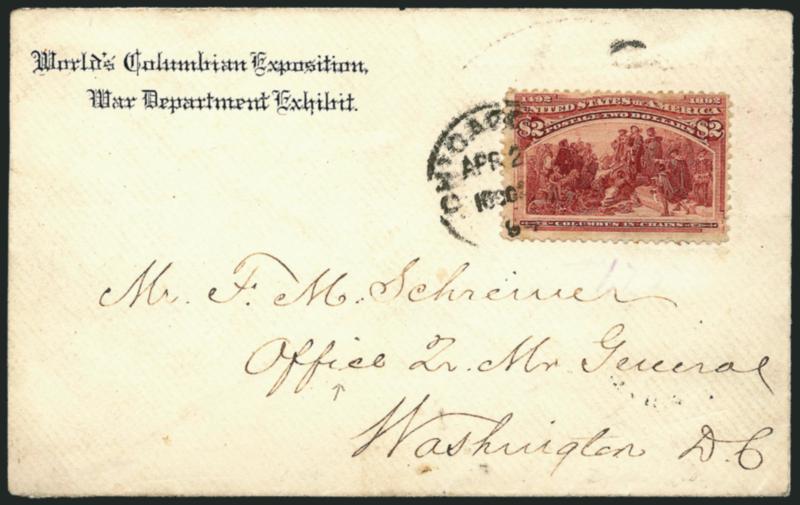 $2.00 Columbian (242).> On two-line Worlds Columbian ExpositionWar Department Exhibit corner card cover tied by Chicago circular datestamp, addressed to the Quartermaster Generals Office in Washington D.C.,
stamp with small margin fault at right