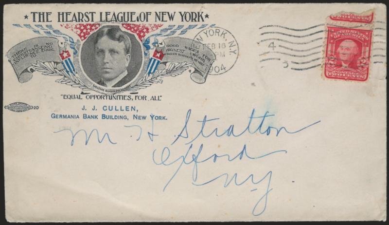2c Carmine, Ty. I (319).> Bright color, with significant part of adjoining stamp at top still attached, tiny nick in margin at bottom, tied by New York N.Y. Feb. 16, 1904 machine cancel on red and blue <The
Hearst League of New York illustrated> co