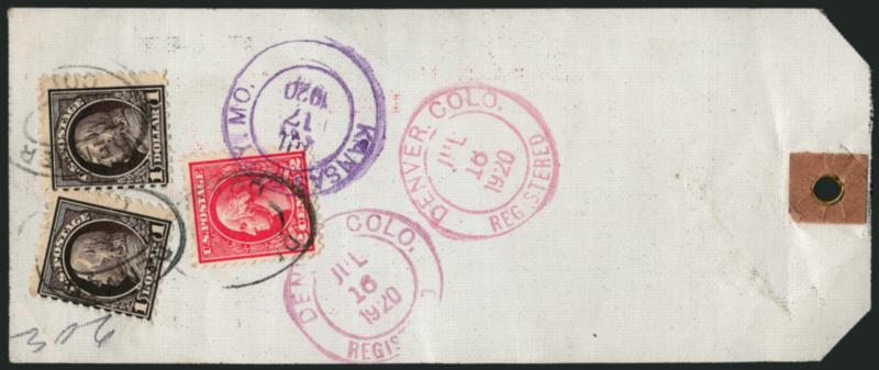 $1.00 Violet Black (478).> Two, used with 2c Carmine, Ty. Va (528) and tied by Denver Col. registry ovals on registry tag to Federal Reserve Bank in Kansas City Mo., also with red Denver Colo. Registered Jul.
16, 1920 double-circle datestamps and