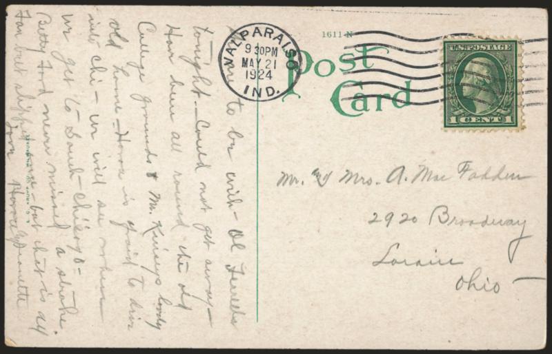 1c Green, Rotary Perf 11 (544).> Tied by Valparaiso Ind. 9 30PM May 21 1924 machine cancel on postcard depicting a sugar mill to Loraine O.<><>^VERY FINE. A RARE EXAMPLE OF THE 1923 ONE-CENT ROTARY PERF 11 USED
ON A POSTCARD. ONLY NINE POSTCARDS