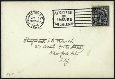 14c Blue (565).> Tied by Washington D.C. May 1 9:30AM 1923 machine cancel on <First Day> cover to New York, Very Fine, also accompanied by First Day of No. 561 from Washington D.C. with typed address to
Worden in Millburn N.J.