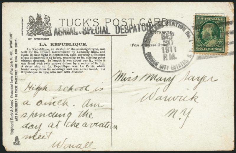 Aeroplane Station No. 1, Garden City Estates, N.Y., Sep 30, 1911 (AAMC 3a).> Circular datestamp ties 1c Green on picture post card featuring a Tucks multicolor picture of La Republique, a semi-rigid airship
built for the French in 1908, the airshi