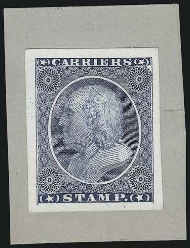 1c Franklin, Eagle Carriers, Proofs (LO1P2, LO1P3-LO2P3, LO2P4).> The Franklin small die on gray card from a Roosevelt album, the India plate proofs are horizontal blocks of eight and ten, latter with bottom
imprint and plate no. 1 margin, the Eagle