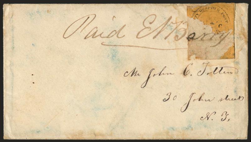 (Coles) City Despatch Post, New York N.Y., 2c Black on Buff Glazed (40L8).> Remnant of stamp peeled off locally-addressed cover, apparently removed at the time of mailing and before <<Paid E N Barry>> was
applied, Barry ran a local post in New Yor