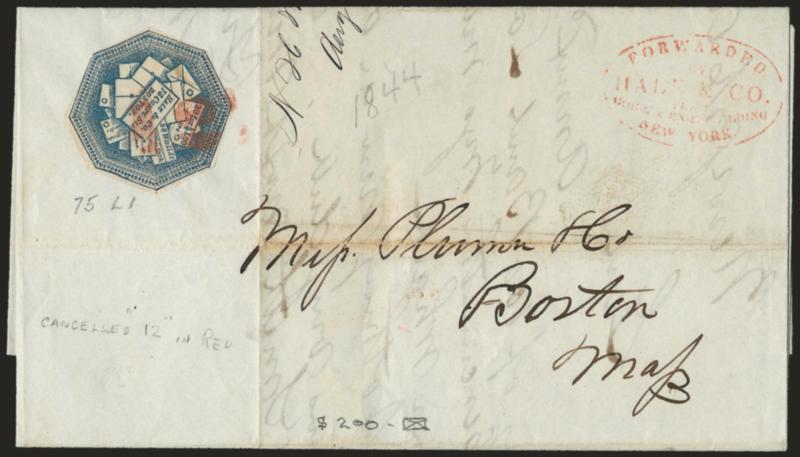 Hale & Co., (5c) Light Blue (75L1).> Cut to shape, tied by <red 12 rate handstamp,> red Hale & Co. New York office oval handstamp on 1844 folded letter to Boston, light file folds do not affect stamp, Very
Fine, very rare tied by the 12c rate hands