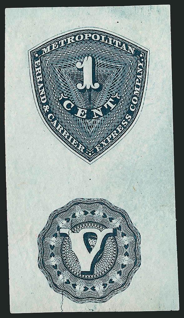 Metropolitan Errand and Carrier Express Co., New York, N.Y., 1c Greenish Black, Trial Color Die Proof on India (107L1TC).> A <compound die> with Roman Numeral V in ornate engraved circle with scalloped edges
beneath the 1c, <clearly shows a die cra