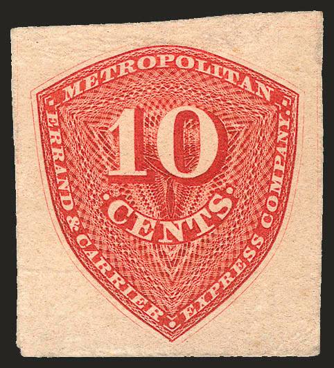 Metropolitan Errand and Carrier Express Co., New York, N.Y., 10c Red Orange, Proof on Thick Hard Paper (107L3P).> 32 x 35mm, rich color, Very Fine, scarce