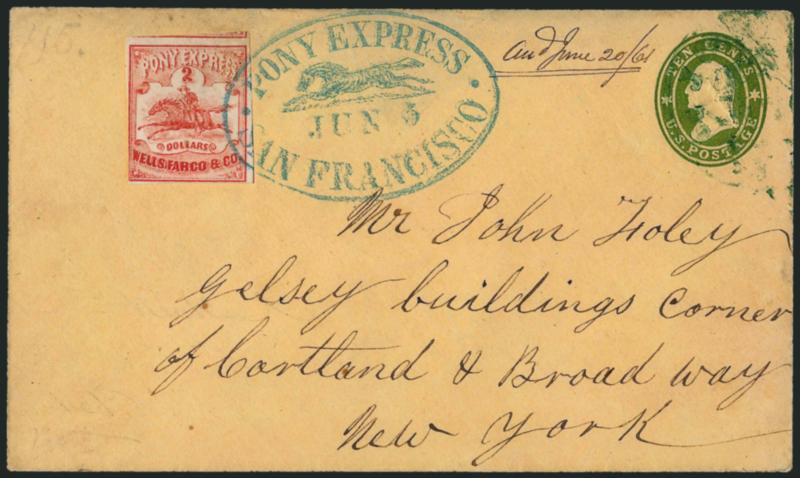 Wells, Fargo & Co. Pony Express, $2.00 Red (143L1).> Large margins to just touched incl. part of adjoining stamps at top and right, tied by well-struck blue <Pony Express San Francisco Jun. 5 (1861) Running
Pony> handstamp on 10c Green Star Die ent
