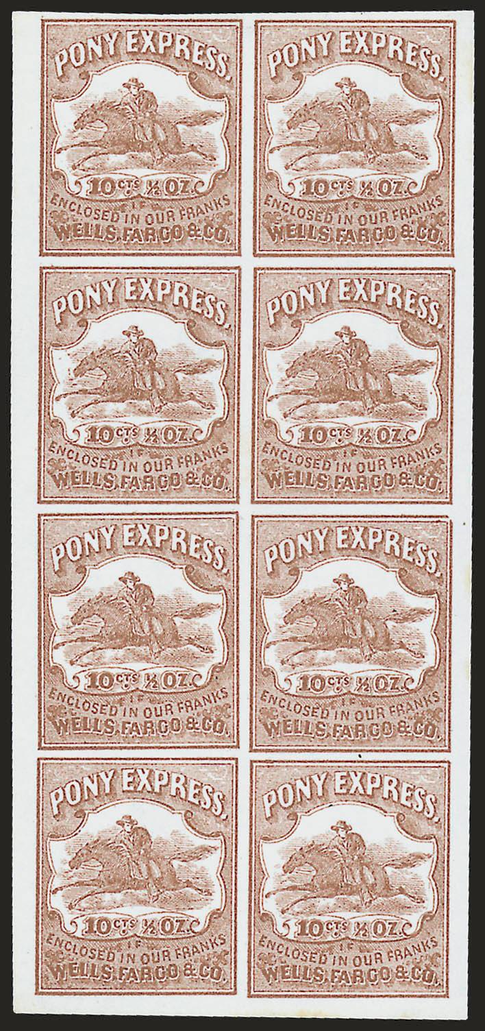 Wells, Fargo & Co. Pony Express, 10c Brown (143L7).> Block of eight, unused (no gum), large to huge margins, bright color, fresh and Very Fine, with 1999 P.F. certificate, Scott Retail as two blocks of
four