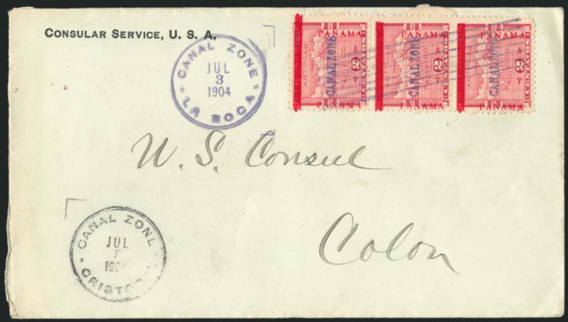 CANAL ZONE, 1904, 2c Rose (1).> Positions 607080, vertical strip of three, cancelled by purple 7-bar grid, matching Canal Zone La Roca Jul. 3, 1904 circular datestamp on cover to Colon, neat Cristobal transit,
fresh and Very Fine