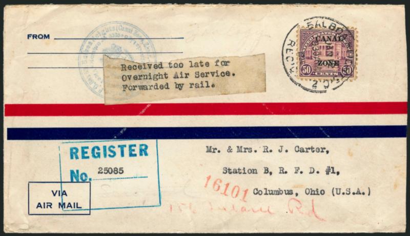 CANAL ZONE, 1924, 50c Lilac (80).> Tied by Balboa Heights C.Z. Recd. Jan. 12, 1926 circular datestamp on registered cover to Columbus O., blue company handstamp at top left, with typed <Received too late for
Overnight Air Service. Forwarded by r