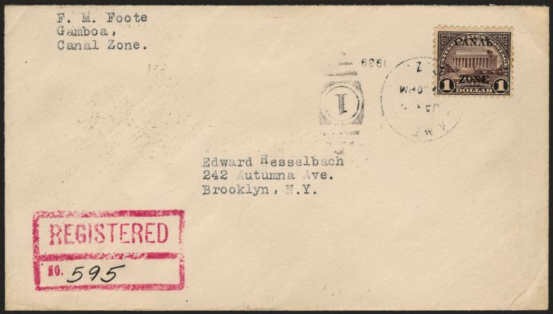CANAL ZONE, 1926, $1.00 Violet Brown (95).> Tied by Gamboa C.Z. Jan. 25, 1939 duplex on registered cover to Brooklyn N.Y., neat Gamboa, Cristobal, New York and Brooklyn backstamps, tiny corner crease at top
right, Fine, scarce