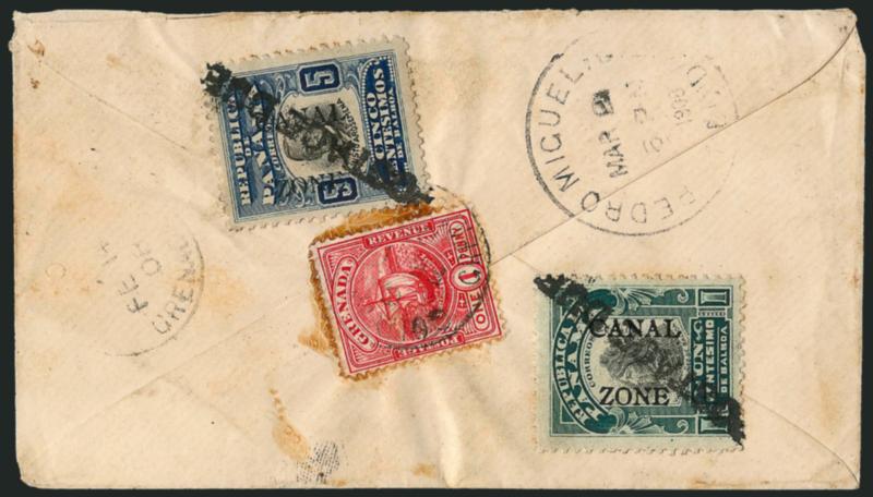 CANAL ZONE, 1907, 1c Green & Black, 5c Ultramarine & Black, Ovpt. Reading Down, Bliss Postage Due Ovpt. Ty. A (22 var, 24 var).> Used on back of inbound cover to Pedro Miguel, with Grenada 1p stamp tied by
Gouyave Grenada B.W.I. FE 13 08 circular