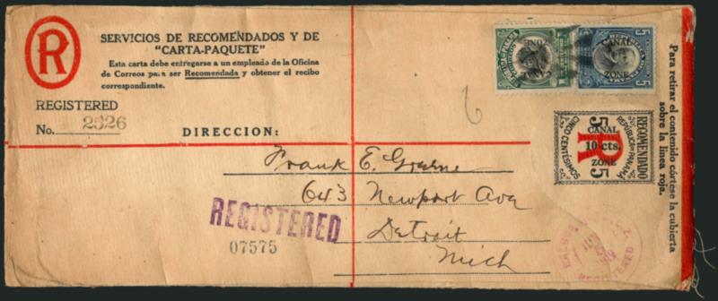 CANAL ZONE, 1919, 10c on 5c Black & Red on Cream entire, Registration, 9-14mm Between Canal and Zone (UF1a).> Used with 1c Green & Black (38) and 5c Deep Blue & Black (40), cancelled by grid, to Detroit Mich.,
purple Balboa Hgts. C.Z. Registere
