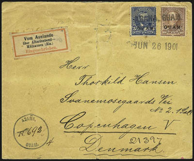 GUAM, 1899, 5c Blue, 10c Brown, Ty. I (5, 8).> Tied by Agana, Guam straightline handstamp with June 26 1901 datestamp on registered cover <to Copenhagen, Denmark,> neat Agana, Guam handstamp with ms. registry
no., some wear incl. 10c affected b