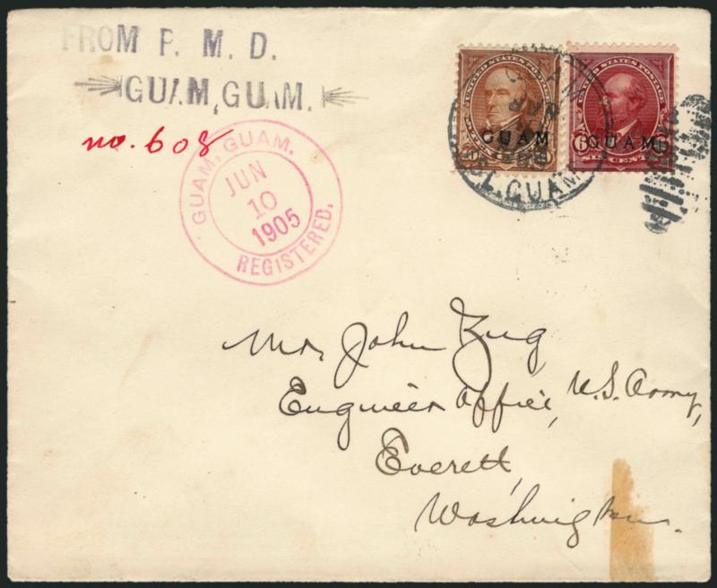 GUAM, 1899, 6c Lake, 10c Brown, Ty. I (6, 8).> Tied by Guam, Isl. Guam Jun. 10, 1905 duplex on registered cover to Zeng at Everett Washington, red Guam, Guam Registered Jun. 10, 1905 double-circle datestamp,
receiving backstamp, fresh and Very Fi