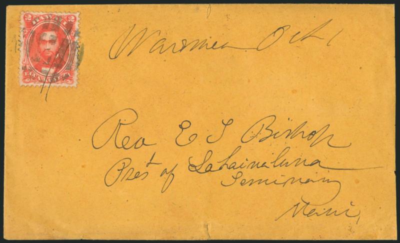 HAWAII, Waimea Oct 1.> Manuscript postmark (Ty. 803, <Rarity 1R>) with matching pen strokes tying 1864 2c Rose Vermilion (31) on buff cover to Lahainaluna, clear strike of <Kawaihae P.O. Apr. 24> circular
datestamp applied on back in overland tra