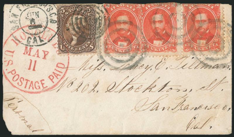 HAWAII, 1864, 2c Rose Vermilion (31).> Pair and single, tied by 3-ring target on small cover to San Francisco ca. 1865-66, with <United States 1863 5c Brown (76)> tied by red Honolulu U.S. Postage Paid May 11
circular datestamp, also tied by San F