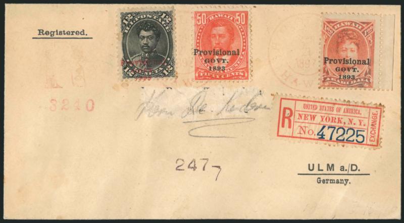 HAWAII, 1893, 50c, $1.00 Rose Red, Black Ovpts. (72, 73).> Used with <1893 12c Black, Red Ovpt. (62)> and tied by light strikes of red Honolulu Hawaii Apr. 21, 1897 double-circle datestamp (Ty. 273.01) on
<registered cover to Ulm, Germany,> New Yor