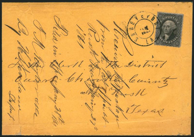 Shreveport La. Jan. 1861.> Double-circle datestamp without day slug tying <12c Black (36)> on buff legal-size courthouse cover to Rusk Tex., docketed with Jan. 27, 1861 receipt date (received after secession
but probably mailed from Louisiana before