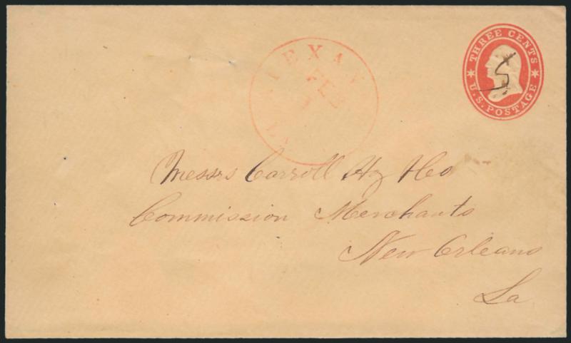 Alexandria La. Feb. 1 (1861).> Red circular datestamp and ms. cancel on 3c Red Star Die entire (U27) to Carroll Hoy & Co. in New Orleans, usual filing pinholes, Fine, scarce Independent State use