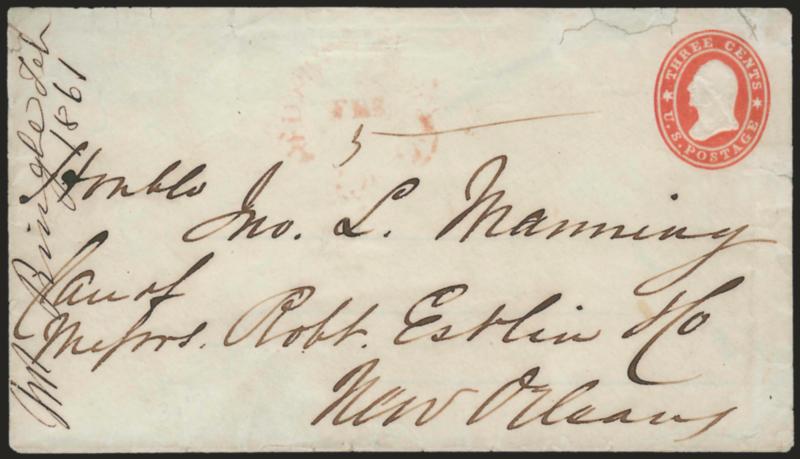 Red River Landing Feb. 5.> Red circular datestamp on 3c Red Star Die entire to New Orleans, 1861 docketing at left, missing part of top flap and some edge tears, otherwise Fine, Louisiana became a Confederate
State the day before this cover was postm