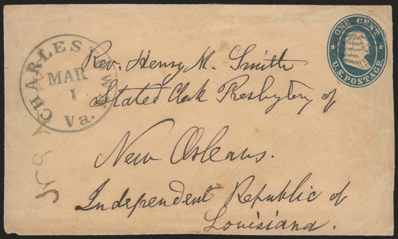 Charlestown Va. Mar. 1.> Well-struck circular datestamp on 1c Blue Star Die entire addressed to <New Orleans, Independent Republic of Louisiana,> grid cancel, minor edgewear, Very Fine, scarce, at this time
Virginia was still part of the Union (the