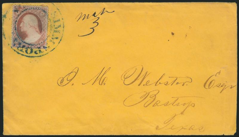 Simmsport La. Mar. 3.> Blue double-circle handstamp with ms. date ties 3c Dull Red, Ty. III (26) on cover to Bastrop Tex., 1861 docketing on back, Very Fine, scarce Confederate State marking on a cover to Texas
(which was admitted to the Confederacy