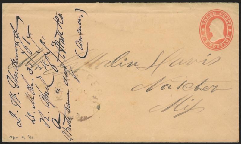 Kirks Ferry La. Apr. 2.> Neat strike of circular datestamp on 3c Red Star Die entire to Natchez Miss., 1861 docketing at left, Very Fine Confederate State usage