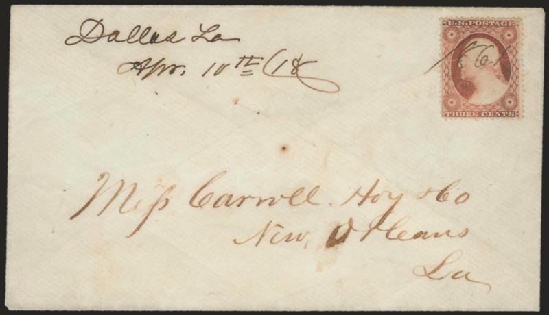 Dallas La. Apr. 10th.> Ms. postmark and 1861 ties 3c Dull Red, Ty. III (26), torn in half prior to use, on cover to New Orleans, Very Fine Confederate usage, the Dallas post office was supposed to be closed
after Feb. 6 (Federal order) but this w