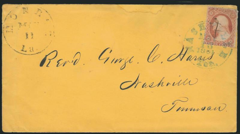 Monroe La. May 11.> Circular datestamp with ms. X cancel on 3c Dull Red, Ty. III (26), used on orange cover to Nashville Tenn., stamp properly tied on arrival by blue Nashville Ten. May 16, 1861 circular
datestamp, stamp with faults, cover with s