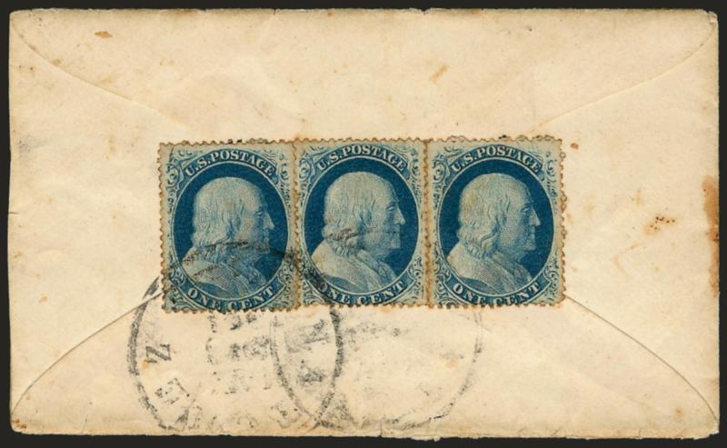 Natchez Miss. May 22, 1861.> Bold strike of circular datestamp struck partly off of small cover to Lower Bank N.J., with original contents (split along folds), cover with some toned spots, still Very Fine
Confederate State usage