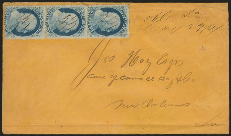 Cotile La. May 27, 1861.> Ms. postmark and matching pen strokes cancelling 1c Blue, Ty. V (24) vertical strip of three on orange cover to New Orleans, stamps with few minor flaws, Very Fine usage only days
prior to the severance of postal relations