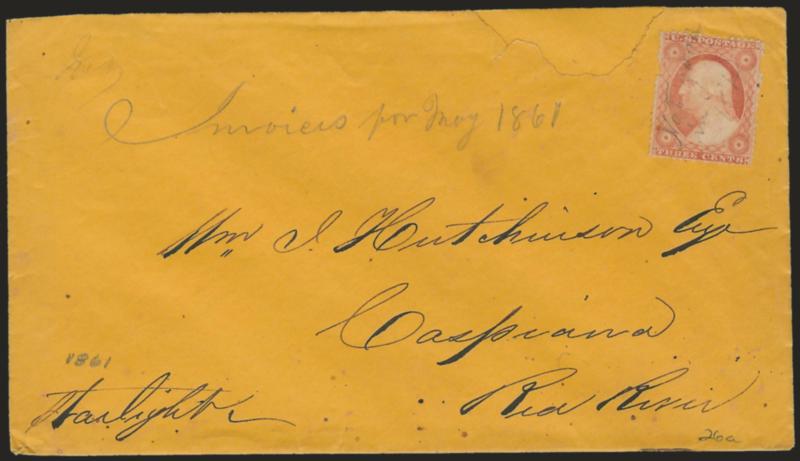 3c Dull Red, Ty. III (26).> Tied by ms. <Not good in 1870> on orange cover to Caspiana, Red River, endorsed <<Starlight>>, and also pencil <nvoices per May 1861>>, cover repair at top, stamp with some perf
flaws, otherwise Fine Confederate St