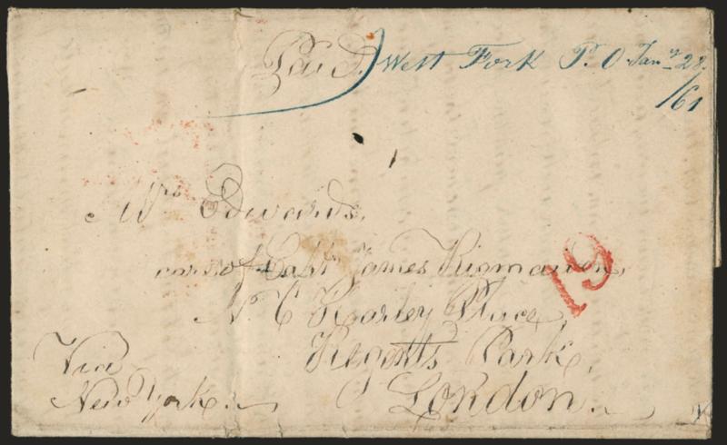 West Fork P.O. Jany 28 61.> Blue ms. postmark on folded letter <to London, England,> senders notation Paid sufficed without any indication of rate, red 19 credit handstamp and no other markings, slight
edgewear, Very Fine, rare transatlantic