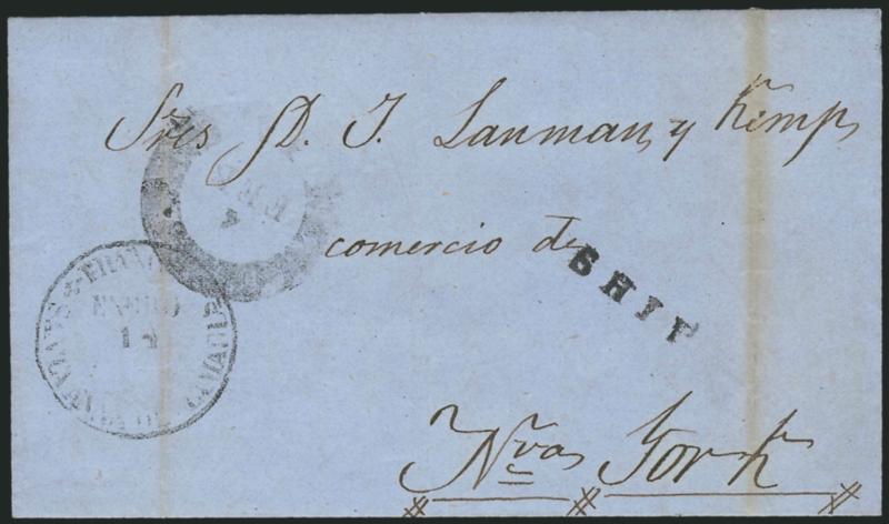 New Orleans La. 4 Feb. (1861) -- First Day of the Confederate States.> Partly readable circular datestamp and Ship handstamp on blue folded letter datelined Jan. 14, 1861 at <Tampico, Mexico,> to New York,
lightly struck Mexican circular datestamp,