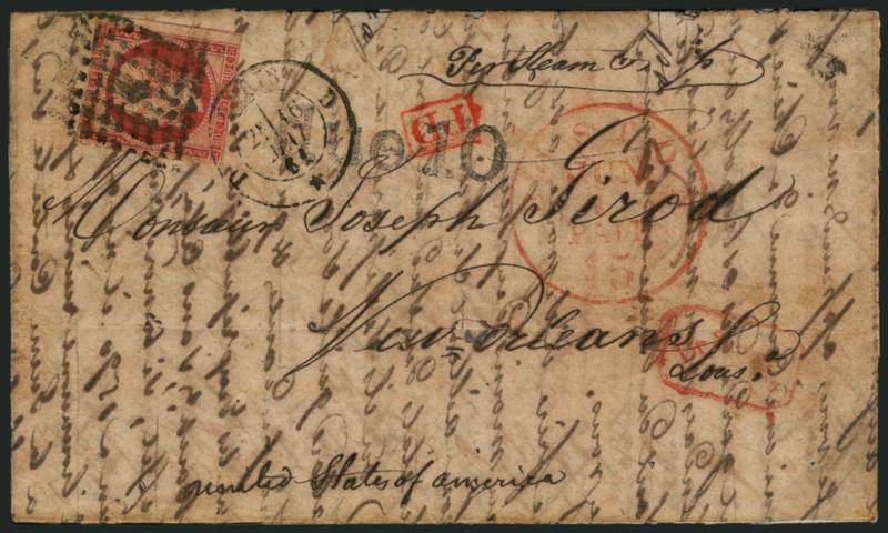 France to New Orleans, May 1861.> Folded letter from Paris to New Orleans, France 80c Napoleon tied by diamond of dots and Paris 2e16 Mai 61 double-circle datestamp, red Boston Paid 15 Jun. 1 credit datestamp,
red PD and Br Service framed ha