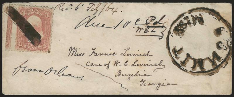 Smuggled Mail from New Orleans.> 3c Rose (65) with wide straddle-pane margin showing part of stamp from adjoining pane, tied by brush stroke, bold <Summit Miss.> dateless circle handstamp on small cover to
Berzelia Ga., ms. <<from Orleans>> and <