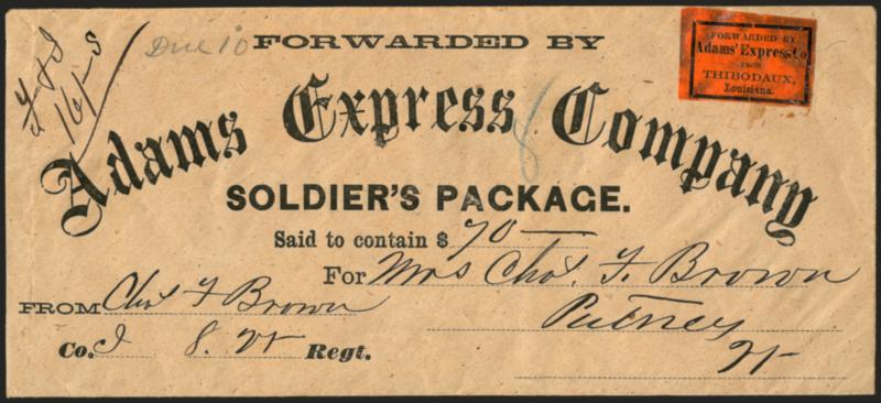 Forwarded by Adams Express Co. from Thibodaux, Louisiana.> Black on orange label, usual gum smears and oxidation, used on legal-size cover with Adams Soldiers Package imprint, to Putney Vt. from a member of 8th
Vt. Regt., ms. F. & I. 16-S rate