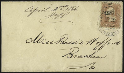Baldwins South La. ExpressMR 8154.> Circular handstamp ties 3c Rose (65) on cover to Brashear La., ms. <<April 3rd 1866 J.Y.S.,>> Very Fine, accompanied by a second cover from same correspondence (repaired
stamp), this express operated between Br