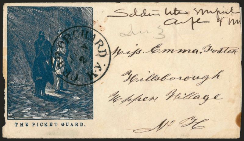 The Picket Guard.> Beautifully detailed blue design, Crab Orchard Ky. Jun. 2 circular datestamp on cover with soldiers letter endorsement and ms. Due 3, with enclosure datelined Lancaster Ky. on red patriotic
lettersheet, slightly reduced at rig