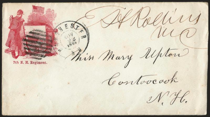 7th N. H. Regiment.> Red patriotic design which has been partly obliterated by grid, Manchester N.H. Nov. 22, 1861 double-circle datestamp to Contoocook N.H., <free franked> by Rollins as Member of Congress,
Very Fine, unusual usage