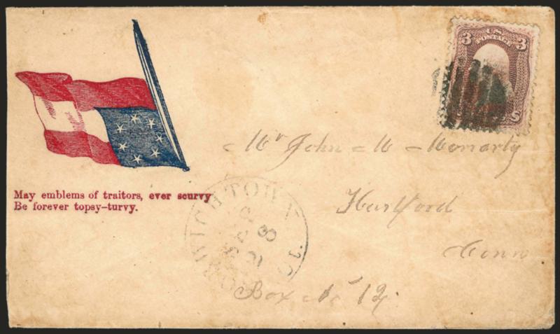 3c Rose (65).> Choice centering, bit heavily oxidized, tied by bold grid, Norwichtown Ct. Sep. 28 circular datestamp on red and blue <7-Star Confederate Flag and Verse Patriotic cover with flag intentionally
inverted,> to Hartford Conn., verse read