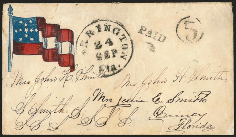 Warrington Fla. Sep. 24.> Bold strike of circular datestamp with matching Paid and 5 in circle handstamps on red and blue <11-Star Confederate Flag Patriotic> cover to Quincy Fla., few edge tears incl. one
sealed at top, some slight soiling, othe
