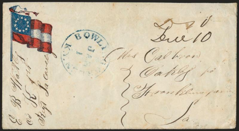 Bowling Green Ky. Jan. 1.> (New Years Day 1862) partly clear blue circular datestamp and ms. Due 10 on red and blue <11-Star Confederate Flag Patriotic> cover to Oakley La., soldiers letter endorsement from
member of 1st Regt. La. Cavalry, minor