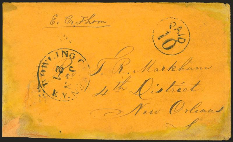 Bowling Green Ky Jan. 21.> Blue circular datestamp with matching bold Paid 10 in circle handstamp on orange cover to New Orleans La., slightly reduced at left and repaired tears, Fine appearance, scarce usage,
ex Agre