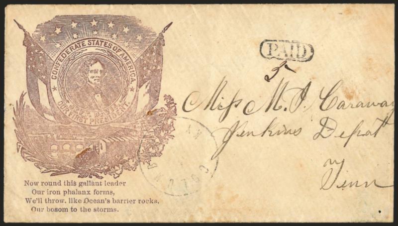 Columbus Ky.> Clearly struck circular datestamp with unreadable date, Paid in oval and ms. 5 rate on small cover to Jenkins Depot Tenn. with light purple <Jefferson Davis Medallion and Verse Patriotic> design,
slightly reduced at right, Very Fin