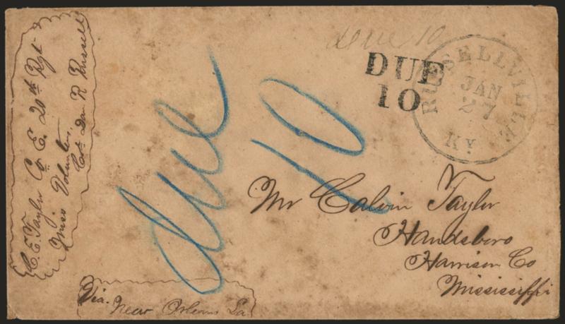 Russellville Ky. Jan. 27.> (1862) circular datestamp clearly struck on brown cover to Handeboro Miss., soldiers letter endorsement from member of 20th Regt. Miss. Vol., senders direction <<Via New Orleans La.>>
-- a circuitous route down the Memp