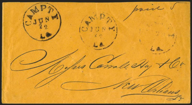 Campti La. Jun. 22 (1861).> Three strikes of circular datestamp and ms. Paid 5 on buff cover to Carroll Hoy & Co. in New Orleans, usual pinholes, Very Fine, the Campti marking was altered from Campte